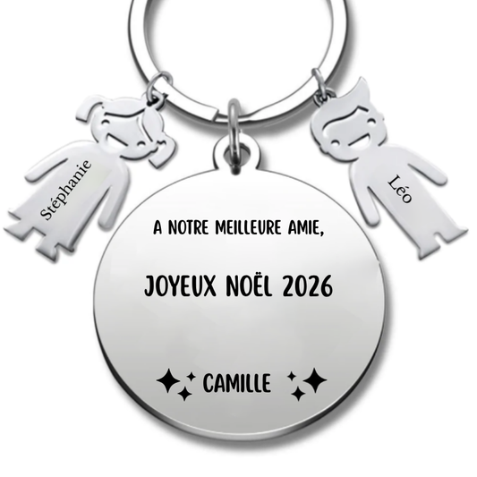 Version « A notre meilleure amie » du porte-clés Joyeux Noël meilleure amie, médaille gravée du prénom Zoé