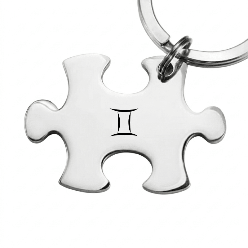 Porte-clé puzzle en acier gravé du symbole des Gémeaux