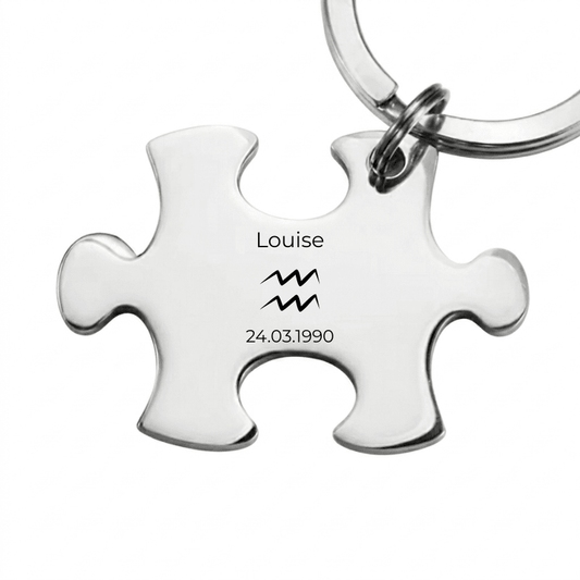 Porte-clé puzzle signe astrologique gravé avec prénom, symbole du zodiaque et date de naissance