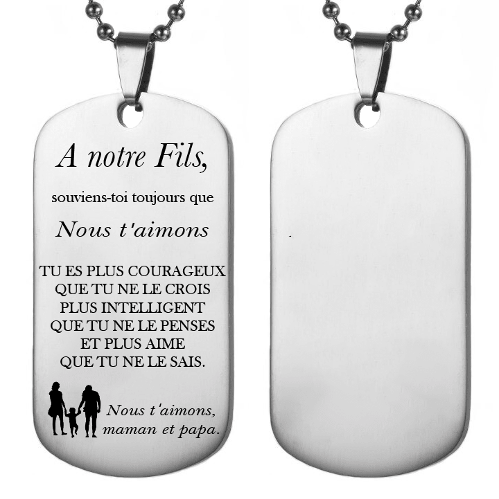 Collier plaque À mon Fils gravé du message de Maman et Papa, acier inoxydable - Les Bijoux de Marilou