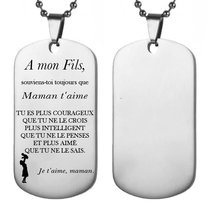 Collier plaque À mon Fils gravé du message de Maman, face gravée et dos vierge - Les Bijoux de Marilou