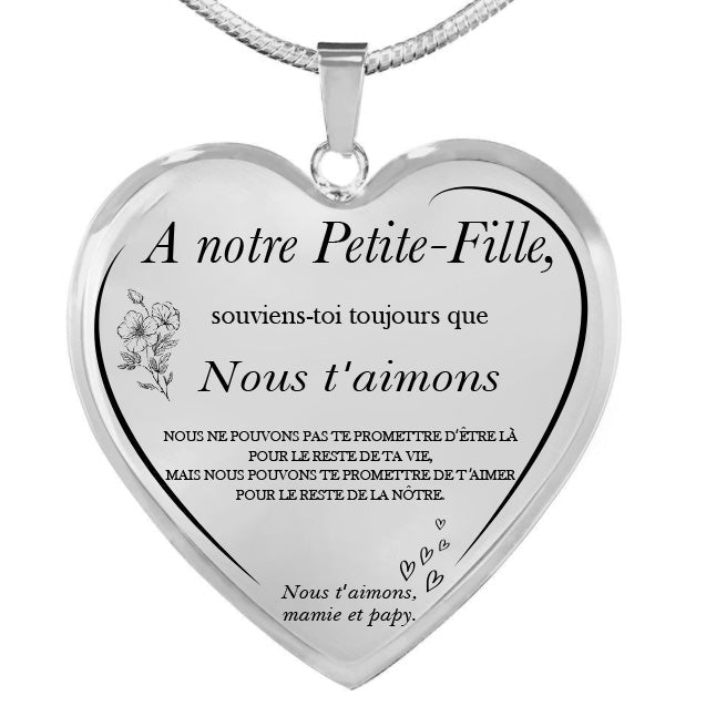 Collier Cœur A notre Petite-Fille gravé - version De Nous avec poème