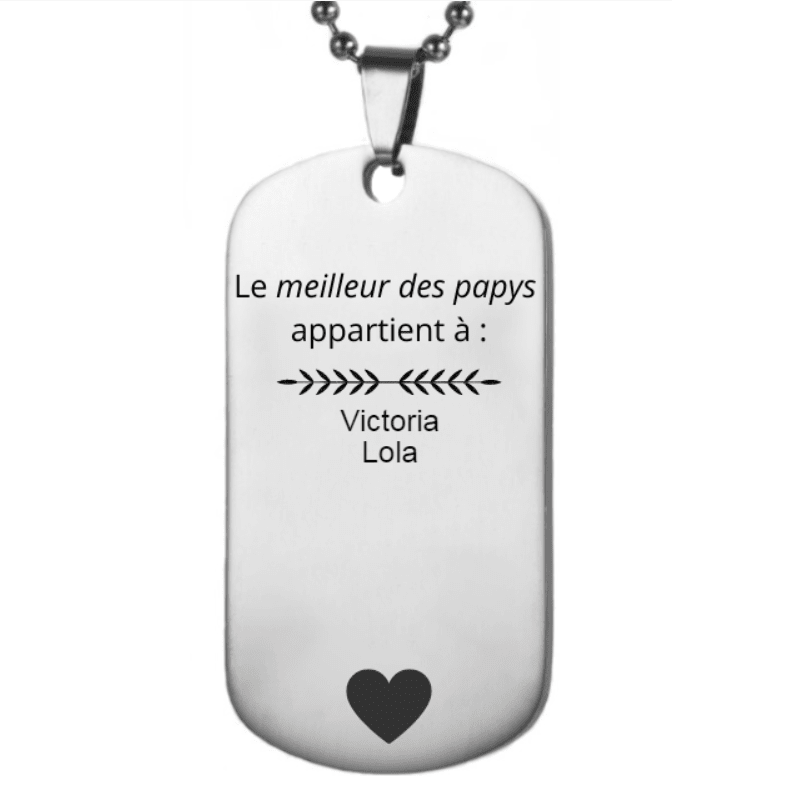 Collier plaque militaire gravée « Le meilleur des papys appartient à » avec un cœur - Les Bijoux de Marilou