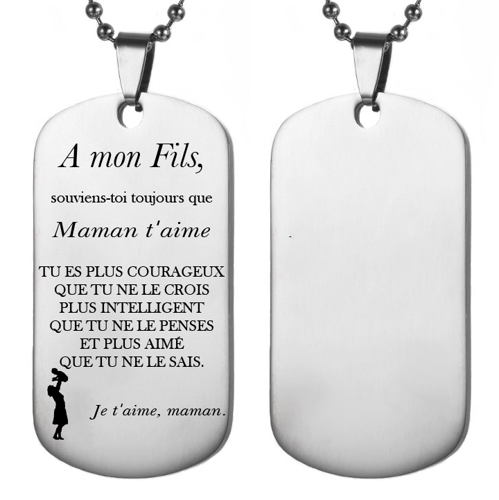 Collier plaque gravé A mon Fils Maman t'aime recto et verso