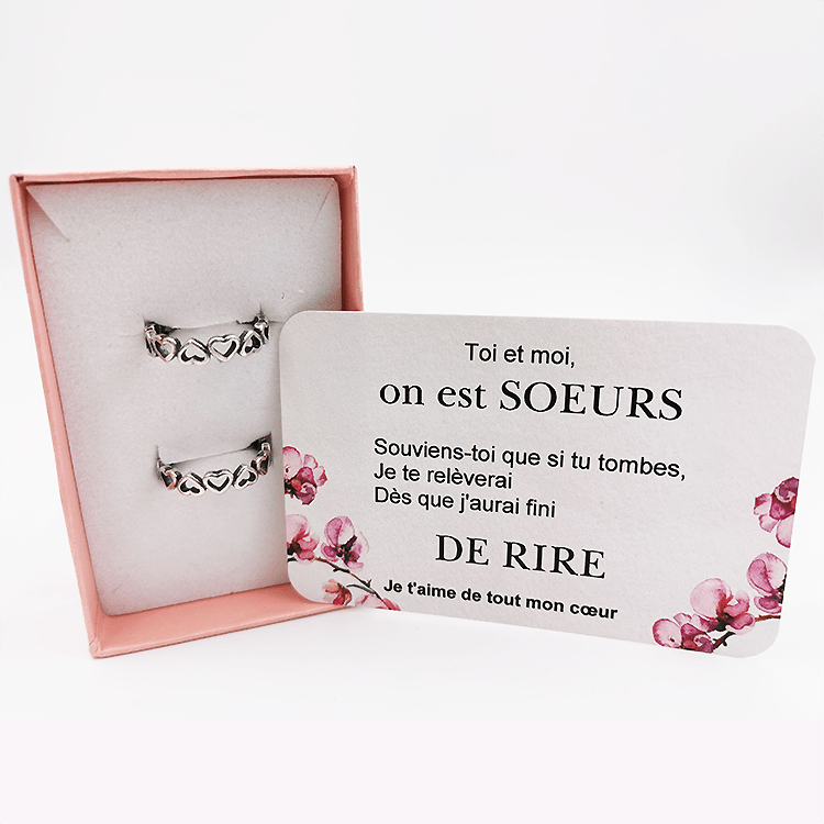 Duo bagues sœur avec carte message Toi et moi on est sœurs livré en coffret