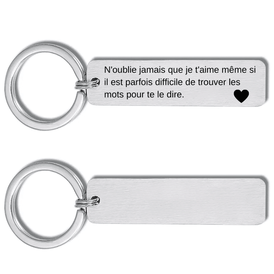 Porte-clé N'oublie jamais : plaque rectangulaire en acier gravée du message et d'un cœur, verso vierge