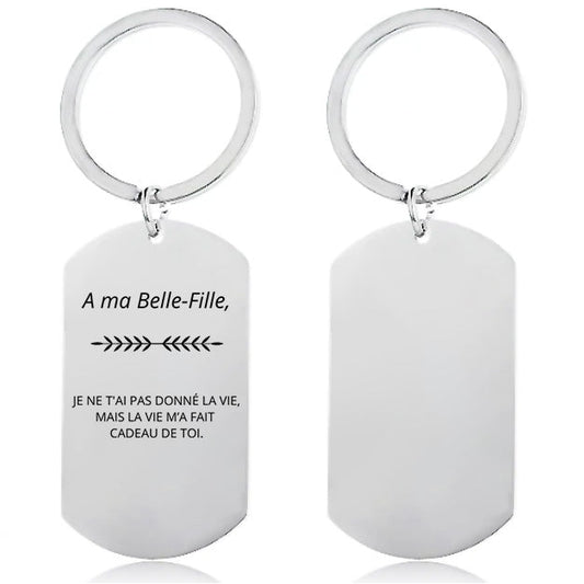 Porte-clé plaque acier gravé A ma Belle-Fille recto, dos vierge personnalisable au prénom