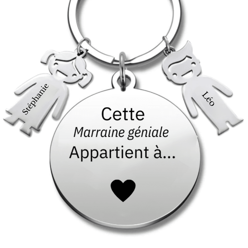Porte-clé marraine médaille ronde en acier gravée « Cette Marraine géniale appartient à » avec deux breloques enfant