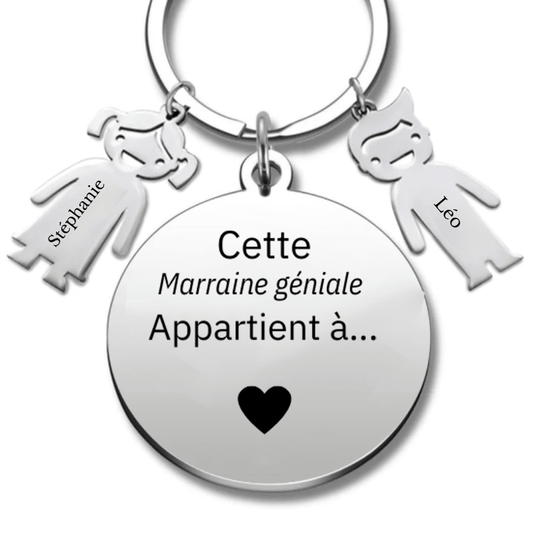 Porte-clé marraine médaille ronde en acier gravée « Cette Marraine géniale appartient à » avec deux breloques enfant