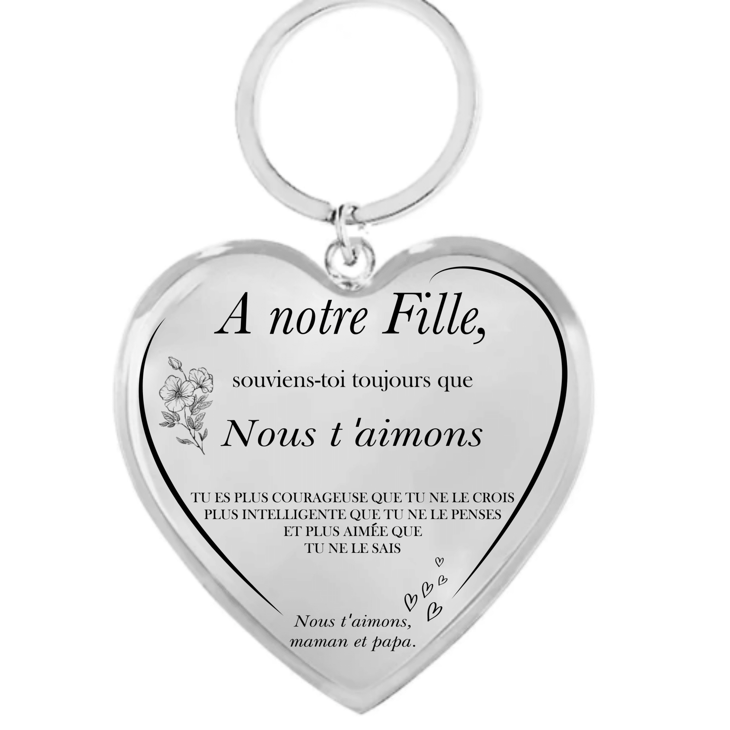 Porte-clé cœur fille gravé A notre Fille, version de la part de Maman et Papa - Les Bijoux de Marilou