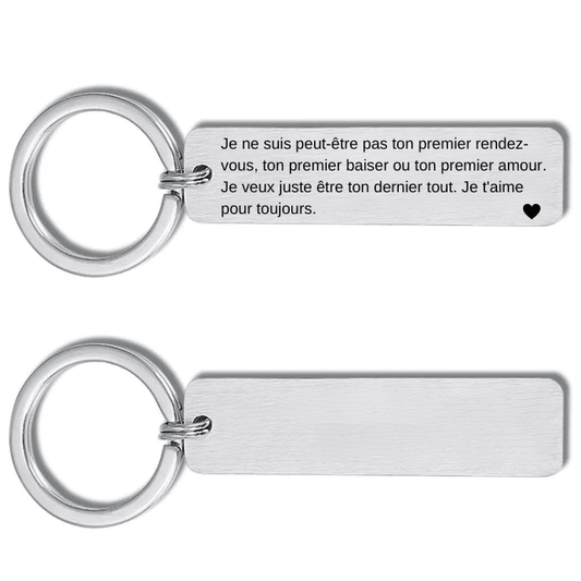 Porte-clé plaque rectangulaire gravé du message « Je t'aime pour toujours », face gravée et face lisse