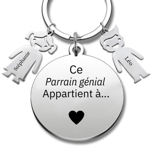 Porte-clé parrain personnalisé médaille gravée Ce parrain génial appartient à, avec deux breloques enfant